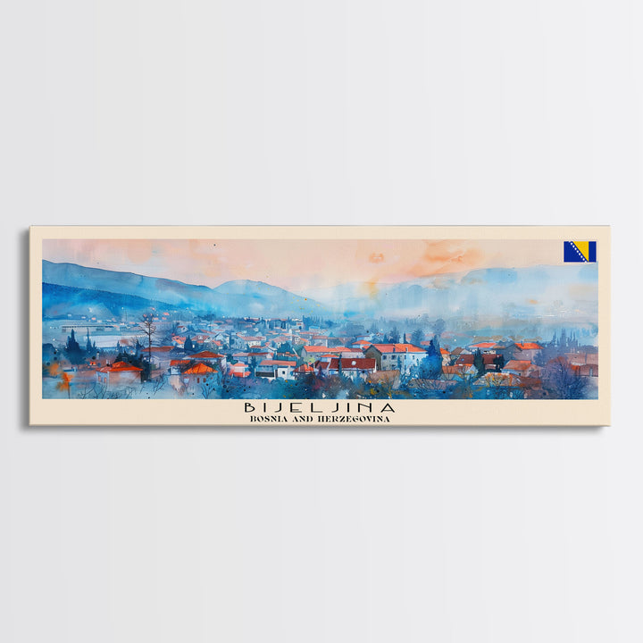 Bijeljina Bosnia Panoramic Travel Poster, Framed Canvas Print or Metal Wall Art, Travel Art, Home Decor, Panoramic Painting, Midcentury Art