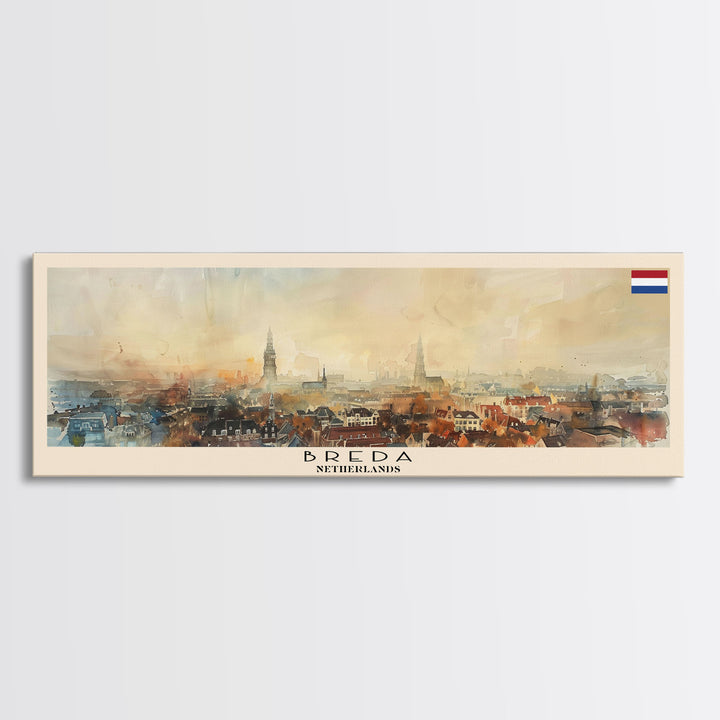 Breda Netherlands Panoramic Travel Poster, Framed Canvas Print or Metal Wall Art, Travel Art, Home Decor, Panoramic Painting, Midcentury Art