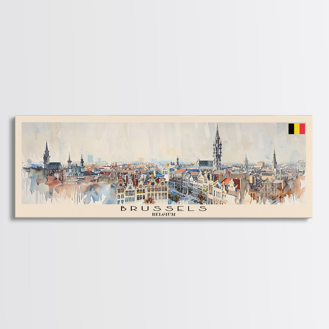Brussels Belgium Panoramic Travel Poster, Framed Canvas Print or Metal Wall Art, Travel Art, Home Decor, Panoramic Painting, Midcentury Art