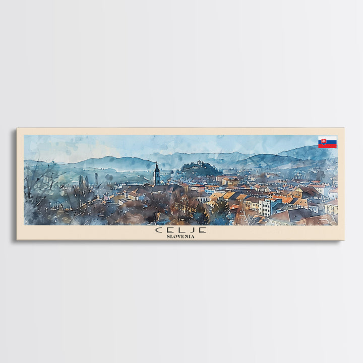 Celje Slovenia Panoramic Travel Poster, Framed Canvas Print or Metal Wall Art, Travel Art, Home Decor, Panoramic Painting, Midcentury Art