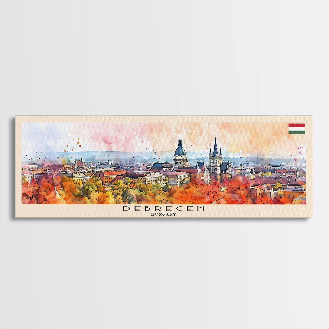 Debrecen Hungary Panoramic Travel Poster, Framed Canvas Print or Metal Wall Art, Travel Art, Home Decor, Panoramic Painting, Midcentury Art