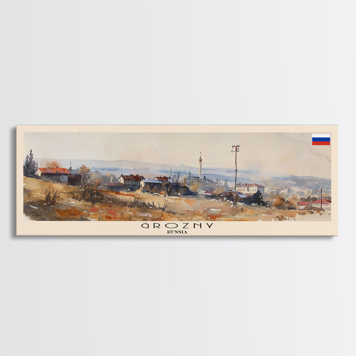 Grozny Russia Panoramic Travel Poster, Framed Canvas Print or Metal Wall Art, Travel Art, Home Decor, Panoramic Painting, Midcentury Art