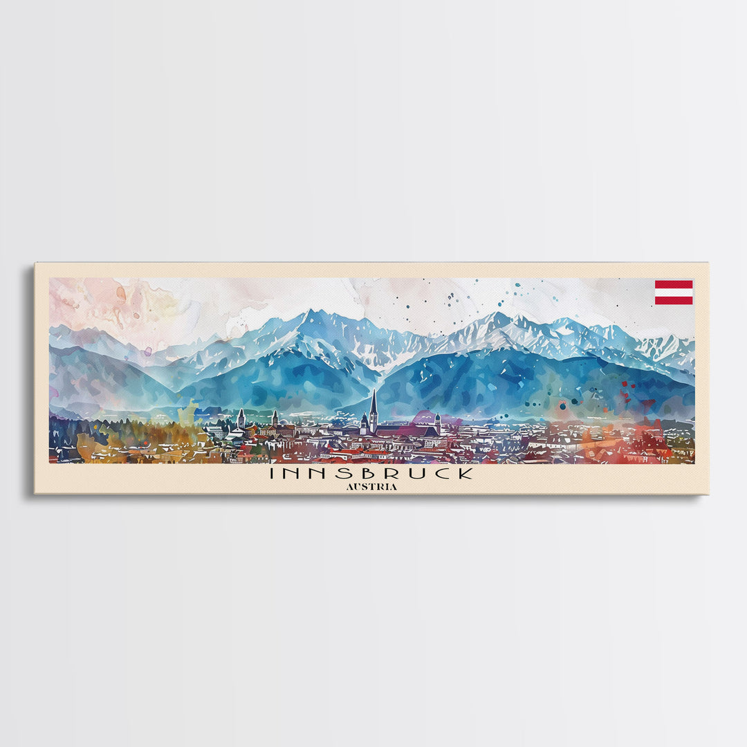 Innsbruck Austria Panoramic Travel Poster, Framed Canvas Print or Metal Wall Art, Travel Art, Home Decor, Panoramic Painting, Midcentury Art