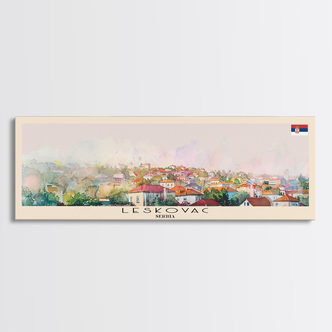 Leskovac Serbia Panoramic Travel Poster, Framed Canvas Print or Metal Wall Art, Travel Art, Home Decor, Panoramic Painting, Midcentury Art