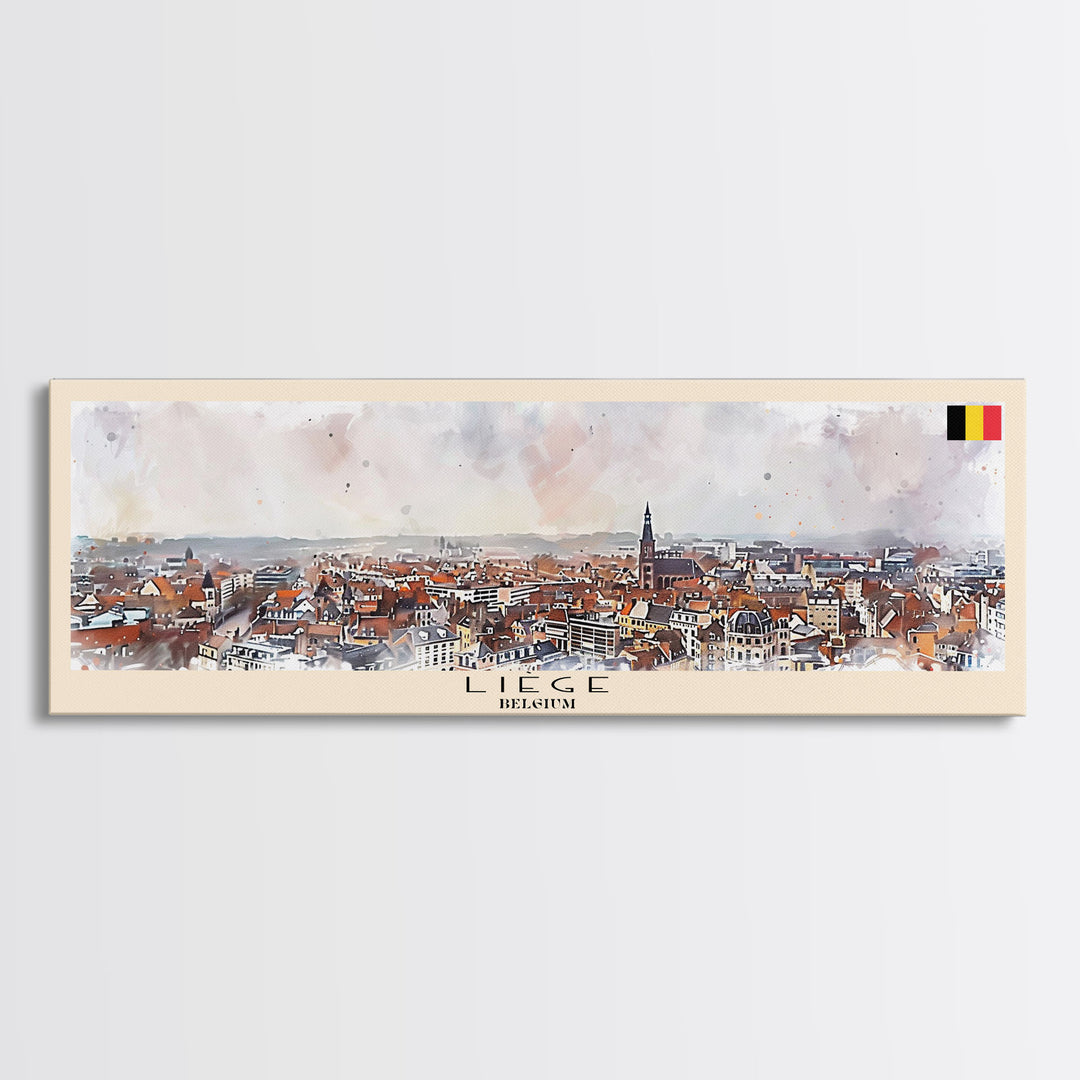Liege Belgium Panoramic Travel Poster, Framed Canvas Print or Metal Wall Art, Travel Art, Home Decor, Panoramic Painting, Midcentury Art