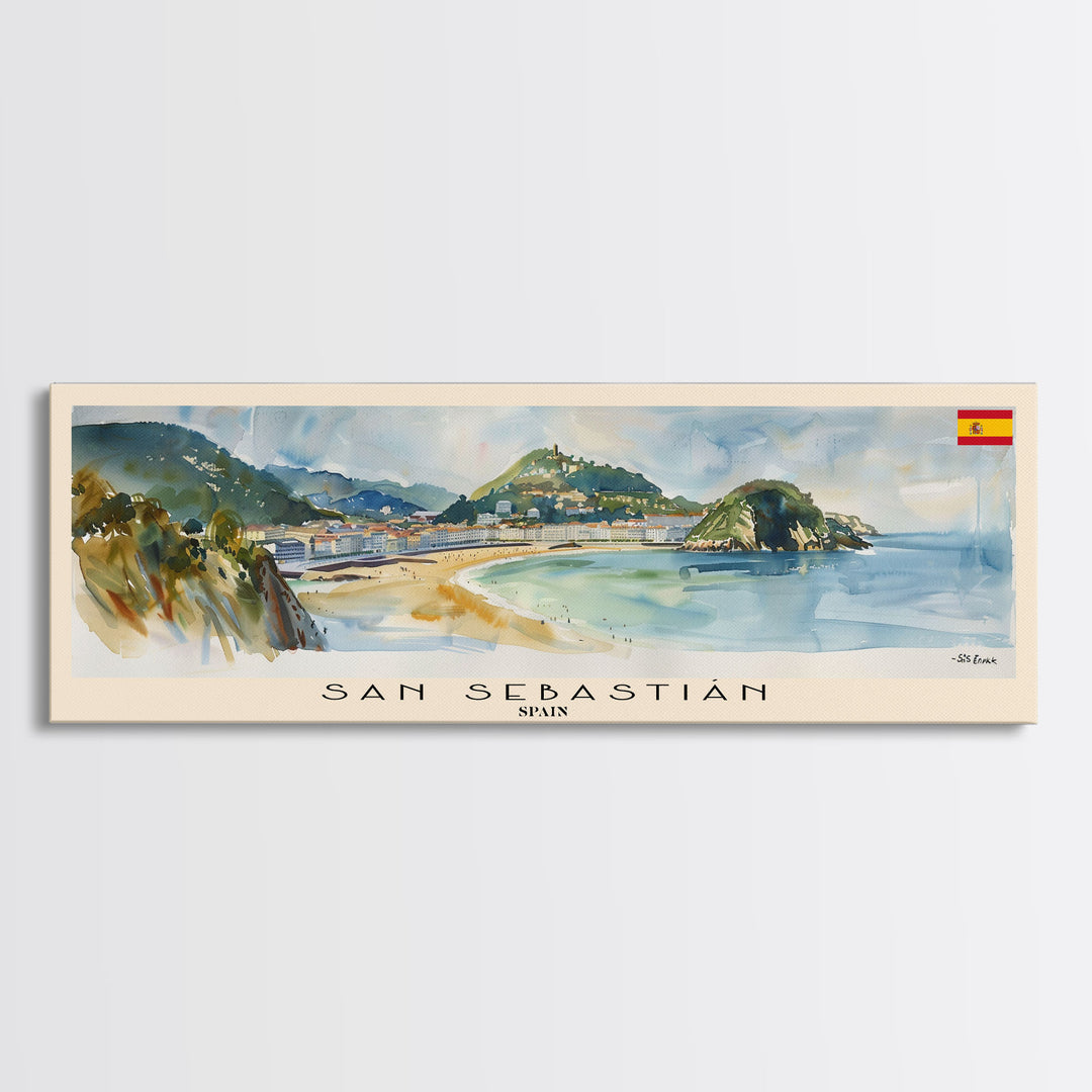 San Sebastian Spain Panoramic Travel Poster, Framed Canvas Print or Metal Wall Art, Travel Art, Home Decor, Panoramic Painting, Midcentury Art