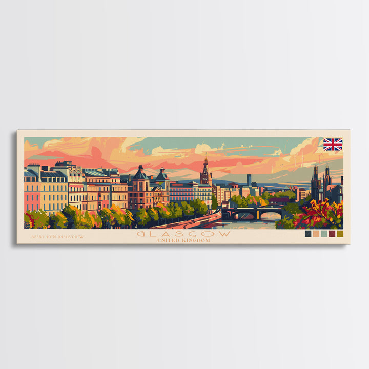 Glasgow United Kingdom Travel Art, City Art, Framed Canvas Print or Metal Wall Art, Europe Travel Poster, Panoramic Wall Art, Extra Wide Wall Art