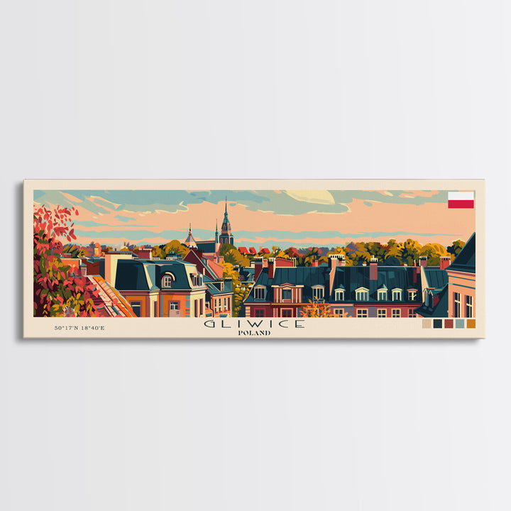 Gliwice Poland Panoramic Travel Poster, Framed Canvas Print or Metal Wall Art, Travel Art, Home Decor, Panoramic Painting, Midcentury Art