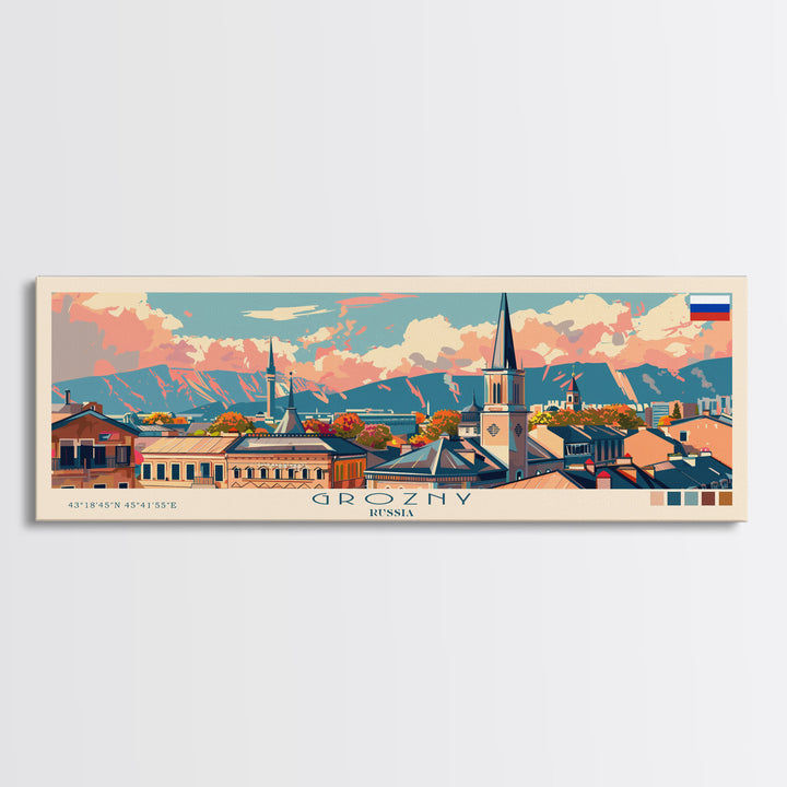 Grozny Russia Panoramic Travel Poster, Framed Canvas Print or Metal Wall Art, Travel Art, Home Decor, Panoramic Painting, Midcentury Art