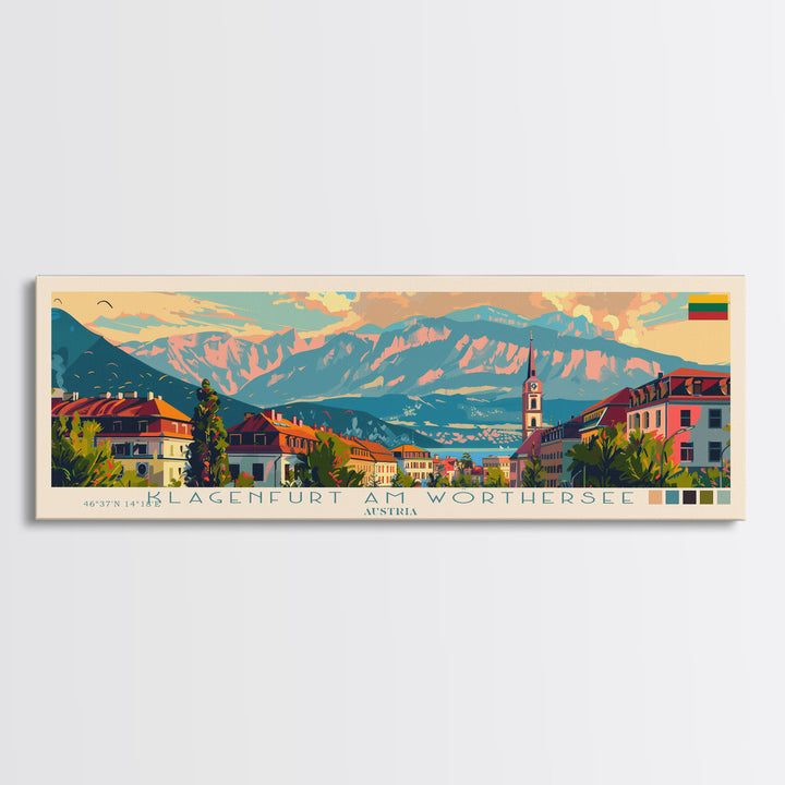 Klagenfurt Austria Panoramic Travel Poster, Framed Canvas Print or Metal Wall Art, Travel Art, Home Decor, Panoramic Painting, Midcentury Art