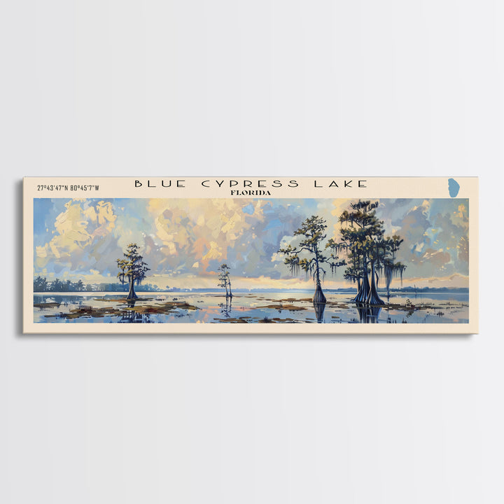 Blue Cypress Lake Florida Framed Canvas Print, Lake House Art, Panoramic Scenic View, Travel Poster, Modern Decor, Lake Painting