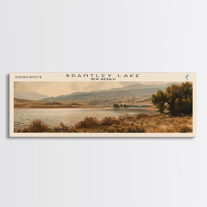 Brantley Lake New Mexico Framed Canvas Print, Lake House Art, Panoramic Wall Art, Travel Poster, Modern Lake Painting, Nature Art