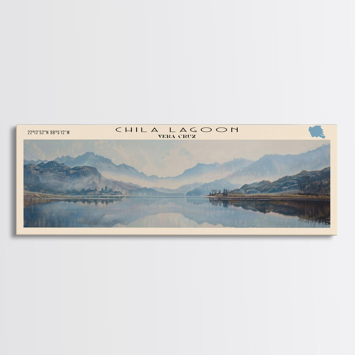 Chila Lagoon Framed Canvas Print, Panoramic Lake House Decor, Wide Wall Art, Travel Poster, Rustic Lake Painting, Home Decor