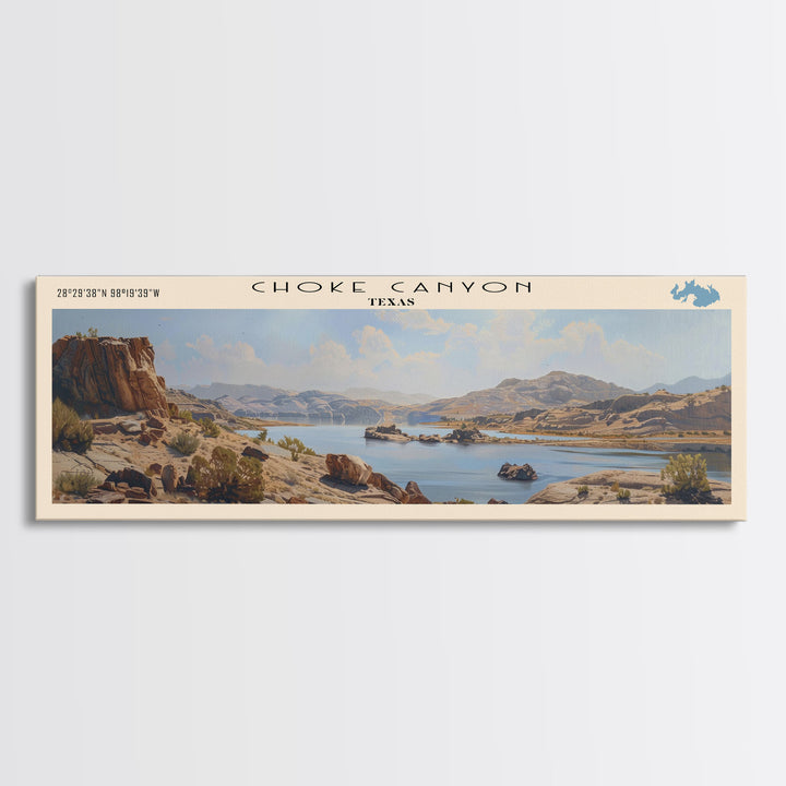Choke Canyon Reservoir Framed Canvas Print, Panoramic Lake House Decor, Wide Wall Art, Travel Poster, Modern Lake Painting, Nature Art