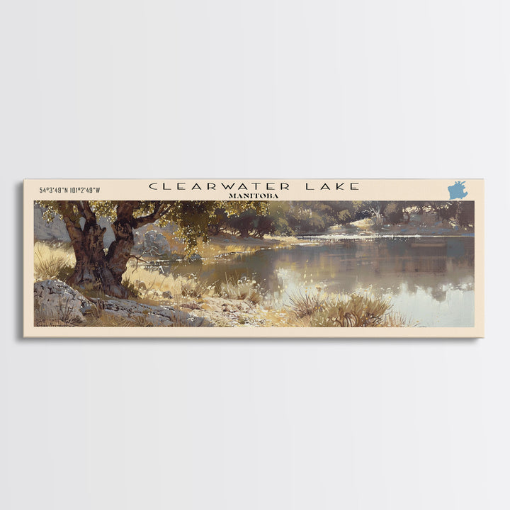 Clearwater Lake Framed Canvas Print, Lake House Art, Panoramic Travel Poster, Wide Wall Art, Modern Lake Painting, Home Decor