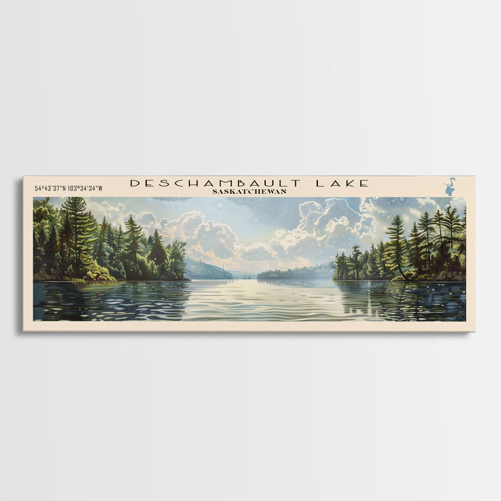 Deschambault Lake Framed Canvas Print, Lake House Decor, Panoramic Wall Art, Travel Poster, Modern Lake Painting, Nature Art