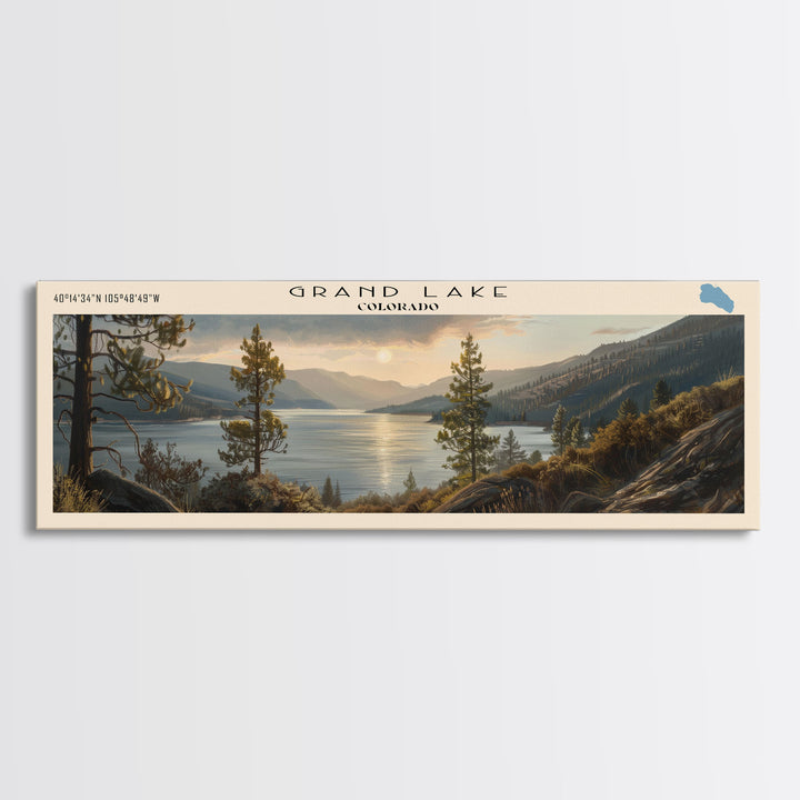 Grand Lake Colorado Framed Canvas Print, Panoramic Lake House Decor, Wall Art, Travel Poster, Stunning Lake Painting, Nature Art