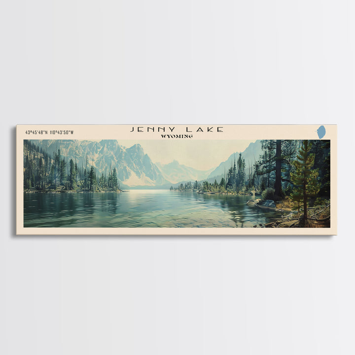 Jenny Lake Wyoming Framed Canvas Print, Lake House Decor, Panoramic Wall Art, Travel Poster, Beautiful Lake Painting, Nature Art