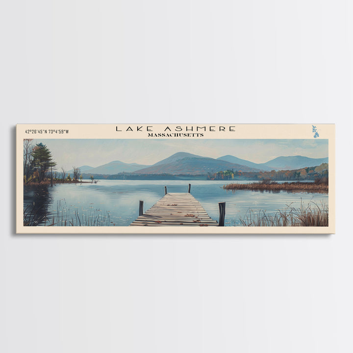 Lake Ashmere Massachusetts Framed Canvas Print, Panoramic Lake House Decor, Wall Art, Travel Poster, Captivating Lake Painting, Nature Art