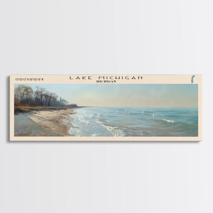 Lake Michigan Framed Canvas Print, Lake House Decor, Panoramic Wall Art, Travel Poster, Beautiful Landscape Painting, Bedroom Decor
