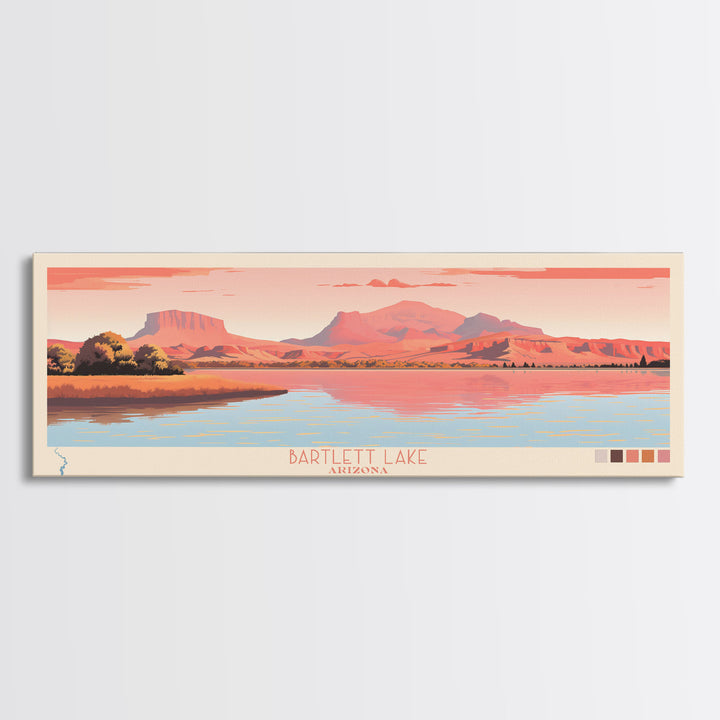 Bartlett Lake Arizona Framed Canvas Print, Panoramic Wall Art, Midcentury Modern, Pop Art, Travel Poster, Scenic Bedroom Art