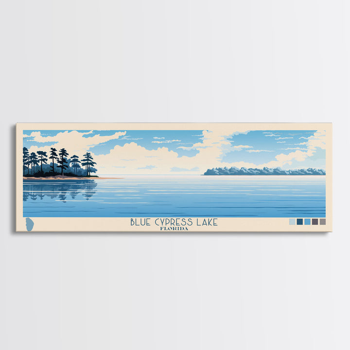 Blue Cypress Lake Florida Framed Canvas Print, Panoramic Wall Art, Midcentury Modern, Pop Art, Travel Poster, Scenic Living Room Art, Lake House Decor