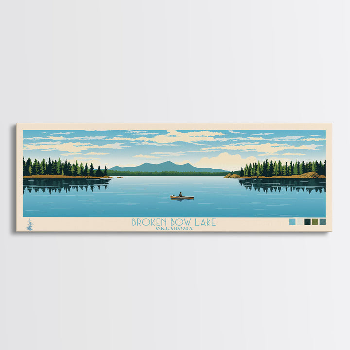 Broken Bow Lake Oklahoma Framed Canvas Print, Pop Art Panoramic Travel Poster, Midcentury Modern, Wall Art, Scenic Nature Painting, Bedroom Decor
