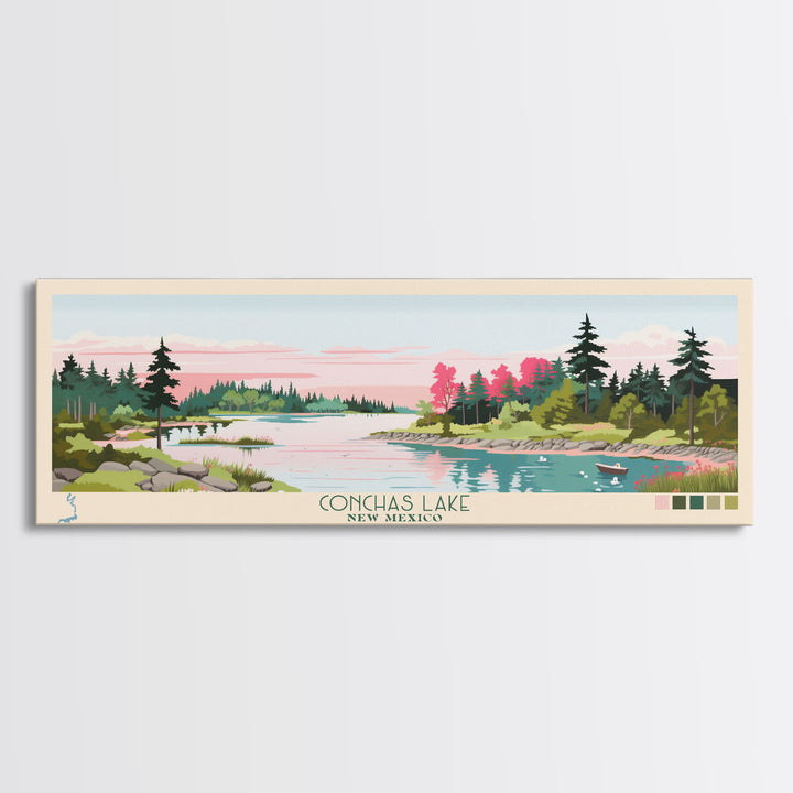 Conchas Lake New Mexico Framed Canvas Print, Midcentury Modern Panoramic Wall Art, Living Room Decor, Pop Art, Travel Poster Art, Scenic Nature Painting, Lake House Decor