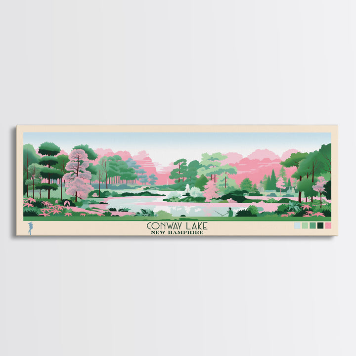 Conway Lake New Hamphire Framed Canvas Print, Pop Art Panoramic Travel Poster, Midcentury Modern, Wall Art, Scenic Nature Painting, Bedroom Decor, Living Room Art