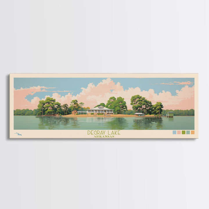 DeGray Lake Arkansas Framed Canvas Print, Midcentury Modern Panoramic Wall Art, Bedroom Decor, Pop Art, Travel Poster Art, Scenic Nature Painting