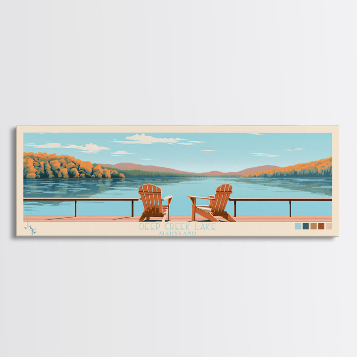 Deep Creek Lake Maryland Framed Canvas Print, Midcentury Modern Panoramic Wall Art, Living Room Decor, Pop Art, Travel Poster Art, Scenic Nature Painting