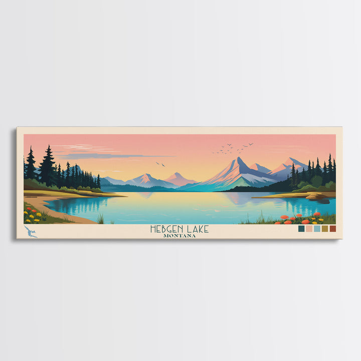 Hebgen Lake Montana Framed Canvas Print, Panoramic Wall Art, Midcentury Modern, Pop Art, Living Room Decor, Travel Poster, Nature Art, Lake House Art