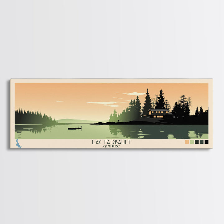 Lac Fairbault Quebec Framed Canvas Print, Panoramic Wall Art, Midcentury Modern, Pop Art, Bedroom Decor, Travel Poster, Living Room Art