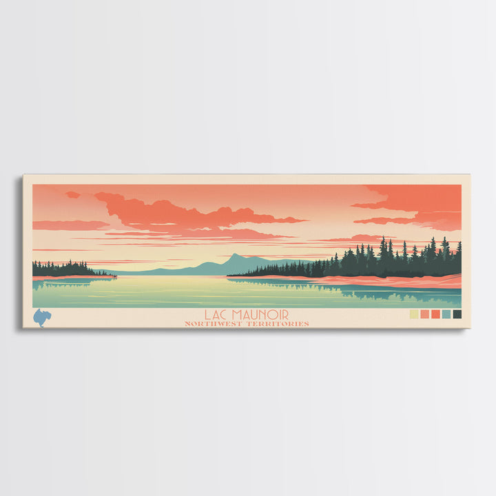 Lac Maunoir Northwest Territories Framed Canvas Print, Panoramic Art, Midcentury Modern, Pop Art, Living Room Wall Art, Travel Poster, Lake House Decor