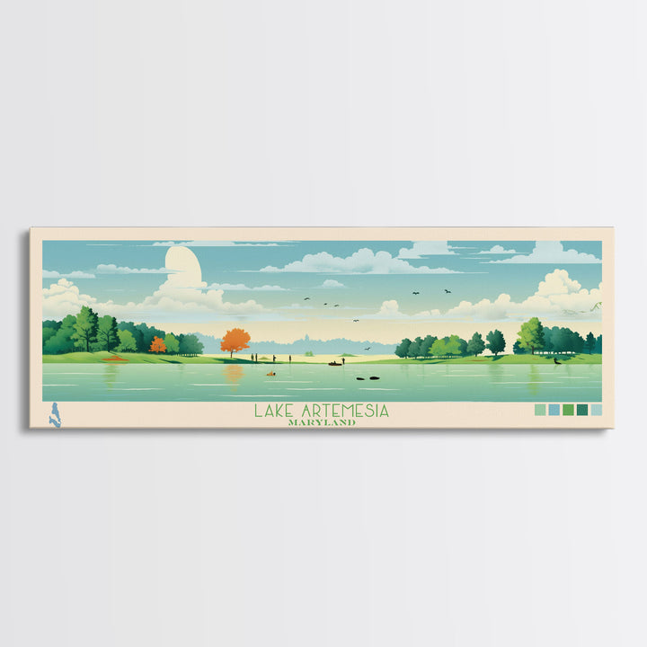 Lake Artemesia Maryland Framed Canvas Print, Panoramic Wall Art, Midcentury Modern, Pop Art, Bedroom Decor, Travel Poster, Living Room Art