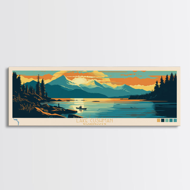 Lake Cushman Washington Framed Canvas Print, Panoramic Wall Art, Midcentury Modern, Pop Art, Bedroom Decor, Travel Poster, Living Room Art
