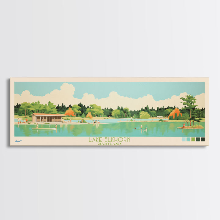 Lake Elkhorn Maryland Framed Canvas Print, Panoramic Wall Art, Midcentury Modern, Pop Art, Bedroom Decor, Travel Poster, Living Room Art