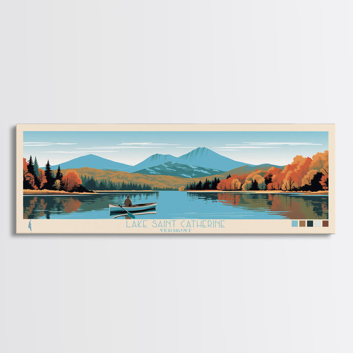 Lake Saint Catherine Vermont Framed Canvas Print, Panoramic Wall Art, Midcentury Modern, Pop Art, Living Room Decor, Travel Poster, Lake House Art