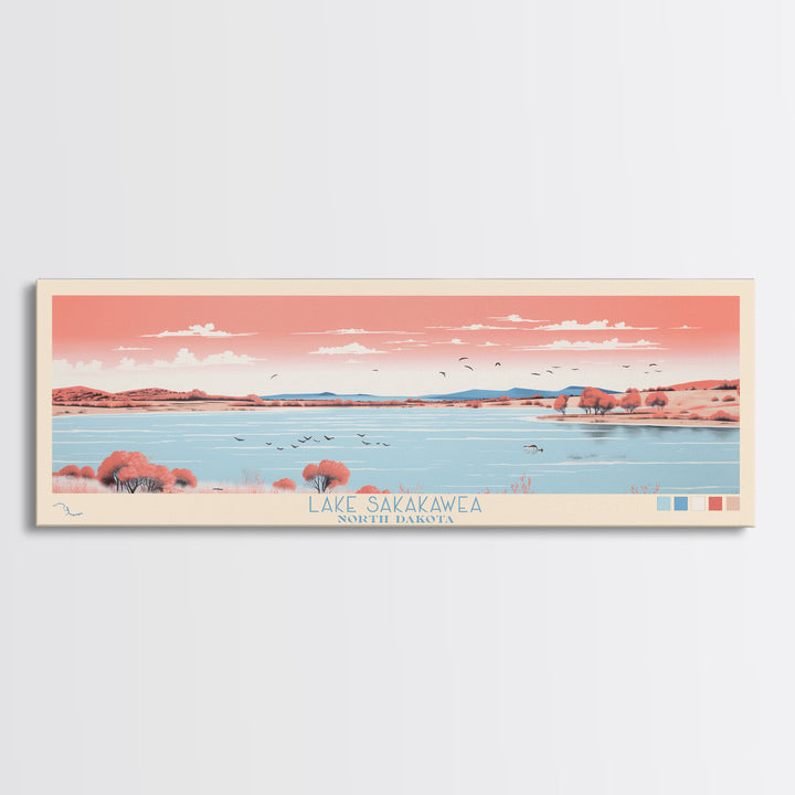 Lake Sakakawea North Dakota Framed Canvas Print, Panoramic Wall Art, Midcentury Modern, Pop Art, Living Room Decor, Travel Poster, Lake House Art
