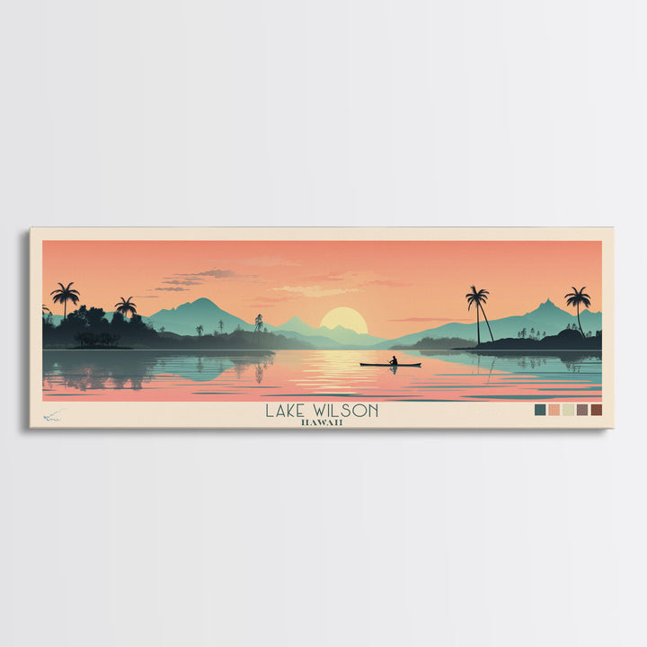Lake Wilson, Hawaii Panoramic Wall Art Framed Canvas Print, Midcentury Modern, Pop Art, Home Decor, Travel Poster, Living Room Art
