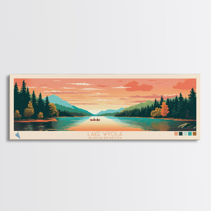 Lake Wyola, Massachusetts Panoramic Wall Art Framed Canvas Print, Midcentury Modern, Pop Art, Home Decor, Travel Poster, Bedroom Art