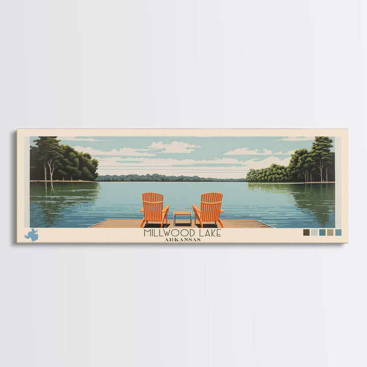Millwood Lake, Arkansas Framed Canvas Print, Panoramic Wall Art, Midcentury Modern, Pop Art, Home Decor, Travel Poster, Bedroom Art