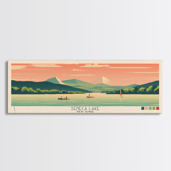 Seneca Lake, New York Framed Canvas Print, Panoramic Wall Art, Midcentury Modern Decor, Pop Art, Bedroom Decoration, Travel Poster