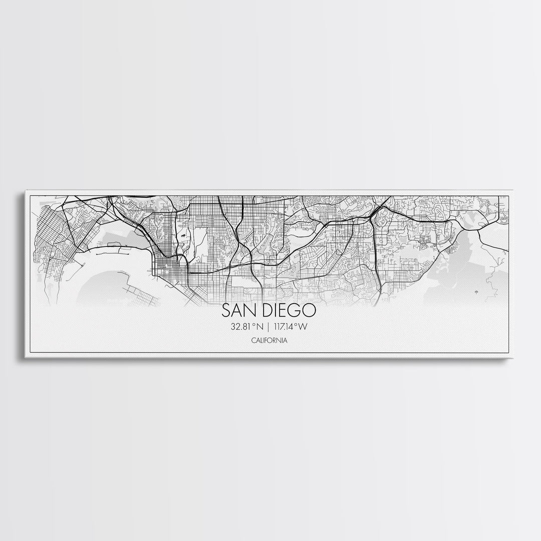 Panoramic San Diego City Map, California Art, Map Print, Minimalist Wall Art, Canvas Art, Housewarming Gift, Street Map Art, Closing Gift
