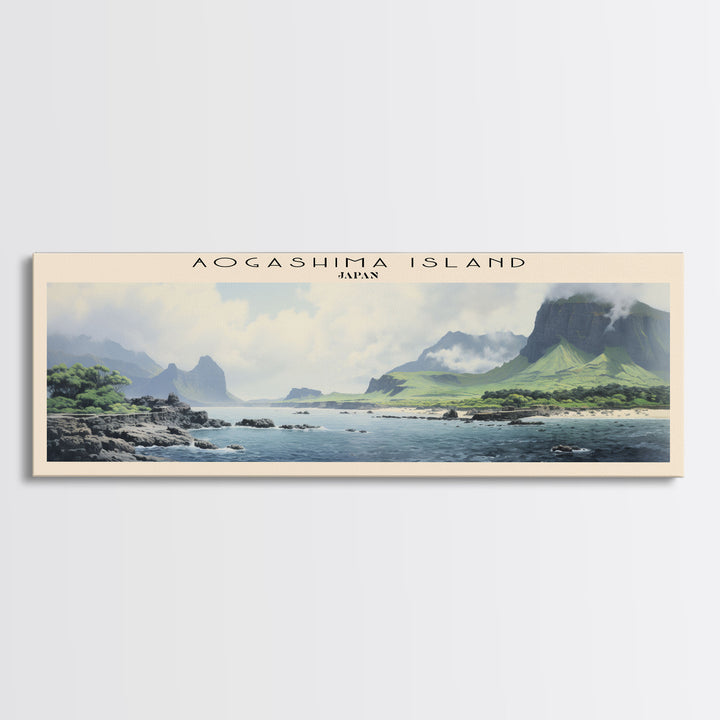 Aogashima Island Travel Art Framed Canvas Print, Wall Decor, Home Decor, Travel Poster, Vintage Wall Art, Watercolor Painting