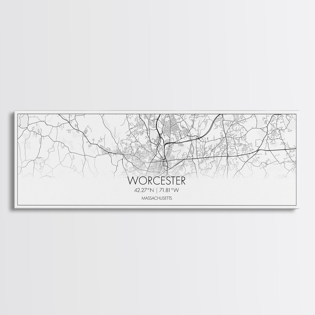 Panoramic Worcester City Map, Massachusetts Art, Map Print, Minimalist Wall Art, Canvas Art, Housewarming Gift, Street Map Art, Closing Gift