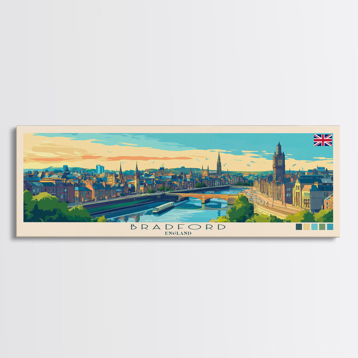 Bradford, England Panoramic Travel Poster Canvas Print, Bradford, England Painting, England Art, Bradford Travel Art, Guest Room Painting
