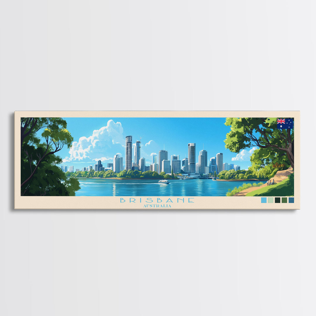 Brisbane, Australia Travel Poster Panoramic Canvas Print, Brisbane, Australia Painting, Australia Art, Brisbane Travel Art, Guest Room Painting