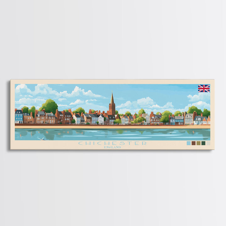 Chichester, England Panoramic Travel Poster Canvas Print, Chichester, England Painting, England Art, Chichester Panoramic Travel Art, Travel Painting