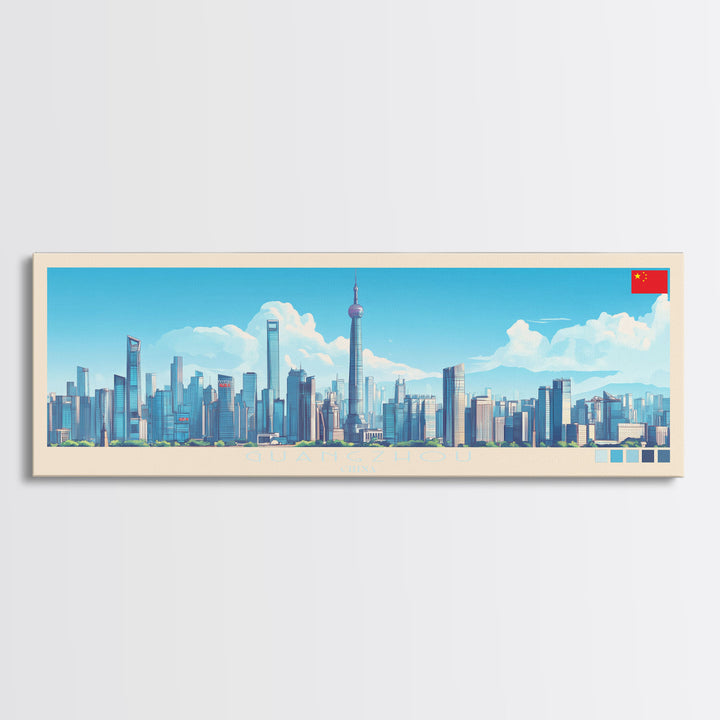 Guangzhou, China Panoramic Travel Poster Canvas Print, Guangzhou, China Painting, China Art, Guangzhou Travel Art, Guest Room Painting